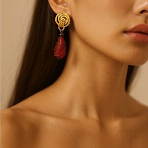 Vintage Gold Wrapped Gold and Red Stone Drop Clip-On Earrings